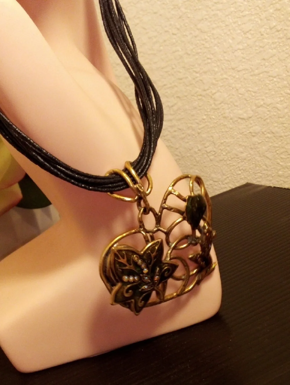 Gold-Tone Heart Leaf Pendant Necklace with Black Cord